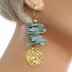 LHASA Tibetan Coins Handcut Coconut Shell Stacked Beads Very Dramatic Statement Earrings image 2