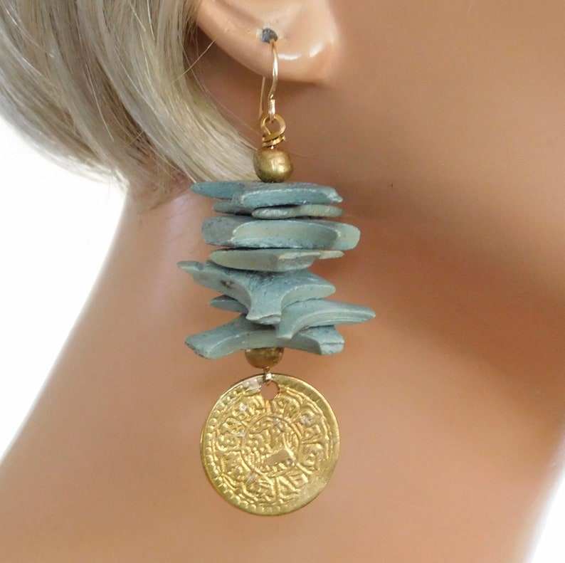 LHASA Tibetan Coins Handcut Coconut Shell Stacked Beads Very Dramatic Statement Earrings image 2