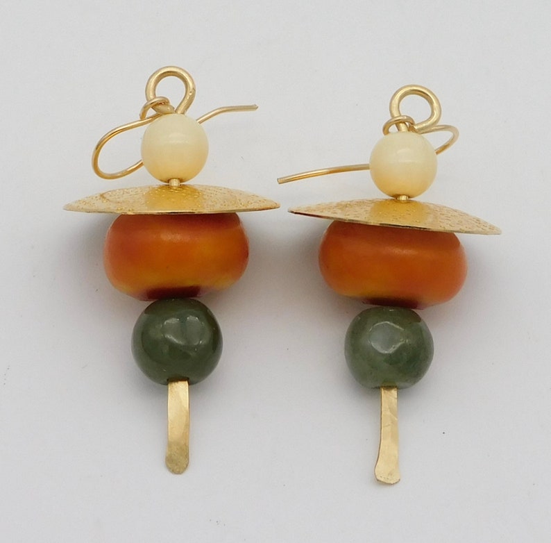 ASIAN WALKING STICKS Elegant Jade and Mixed Beads Handforged Brass Caps and Sticks Statement Earrings image 3