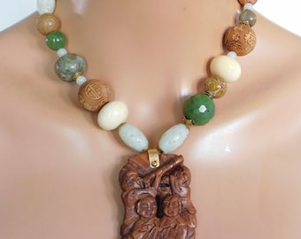 Vintage Handcarved Shou Pendant Necklace: Chinese Musicians, Jade Beads