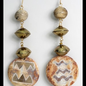 TIBETAN BAZAAR - Hand Etched Tibetan Agate - African Saucer Beads - Himalayan Bone - Long Exotic Statement Earrings