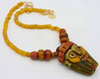 PHOENICIA - Handmade Vintage Phoenician Glass Face Pendant - Mixed Handmade Vintage Thai Glass and Moroccan Beads 1 of a Kind Necklace