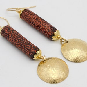 CHANLINA Handmade Cambodian Terracotta Tube Beads Handforged Brass Domes Elegant Long Earrings image 1