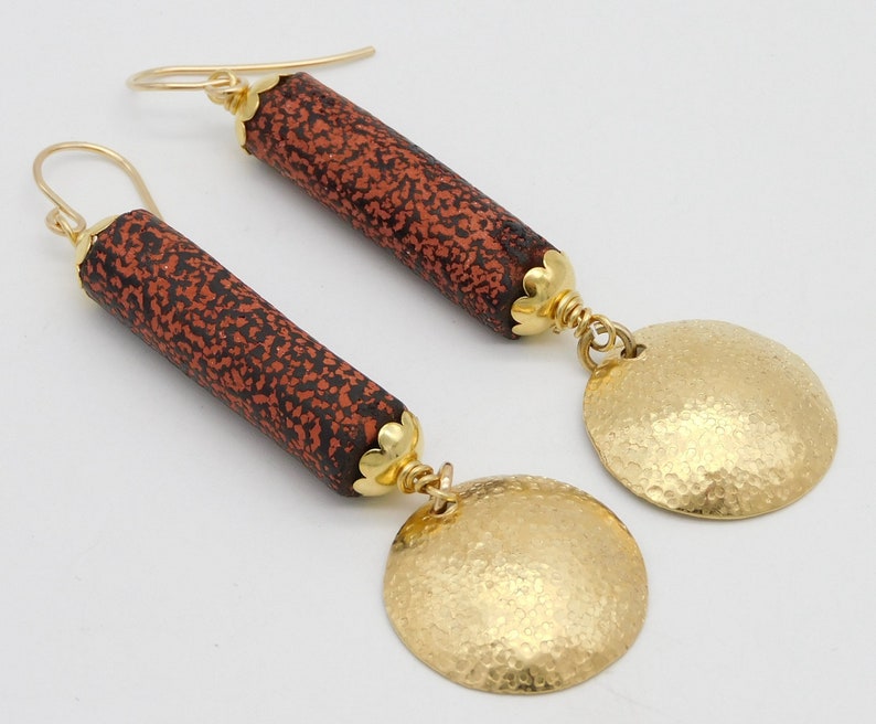 CHANLINA Handmade Cambodian Terracotta Tube Beads Handforged Brass Domes Elegant Long Earrings image 1