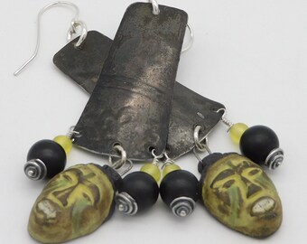 ANCIENT WARRIOR - Handmade Sandstone African Masks - Vintage Tin - Peridot and Blackstone - 1 of a Kind Long Tribal Style Earrings