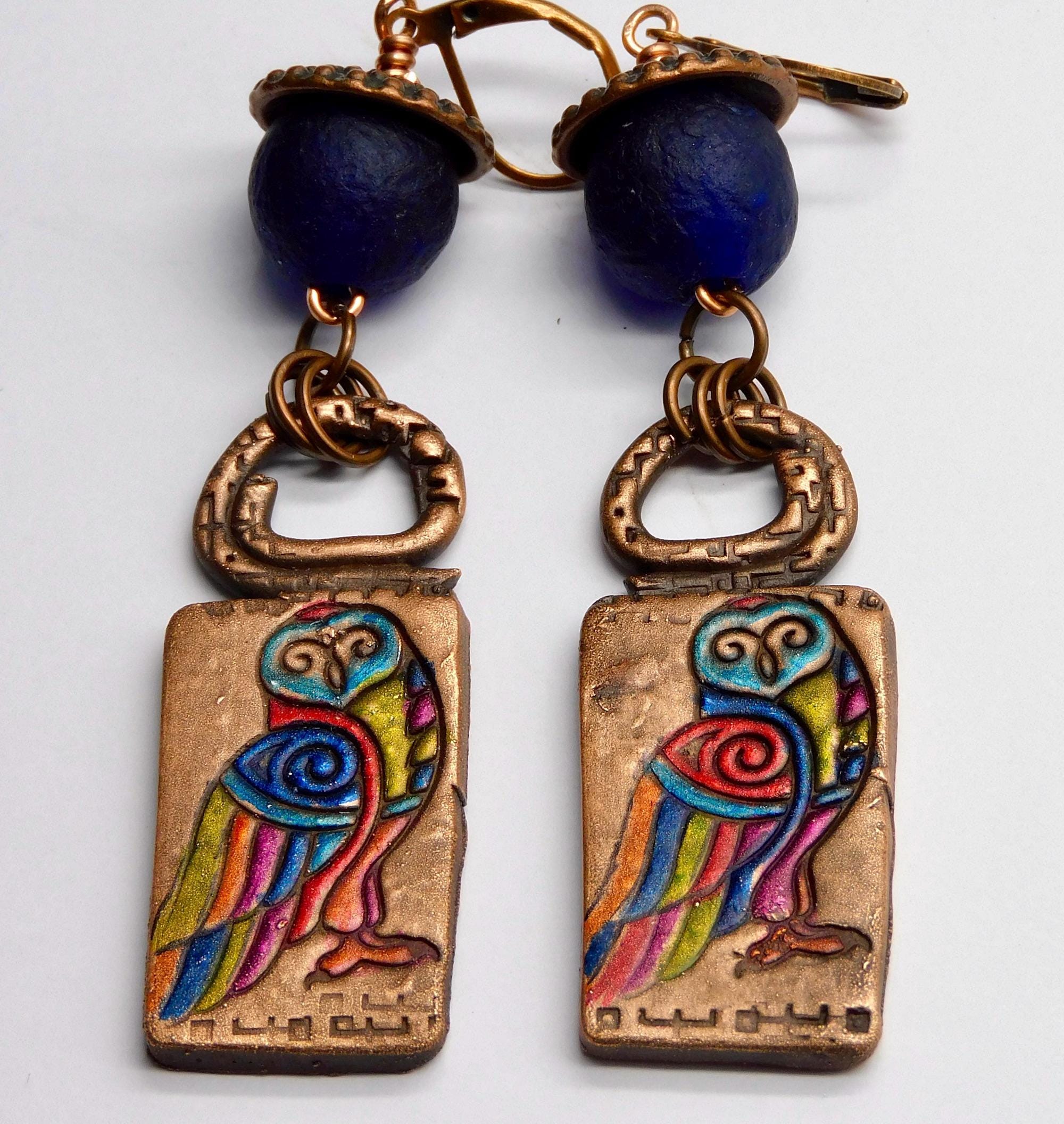 COPPER OWLS - Handmade Handpainted Copper Charms - Handmade African Krobo Glass - 1 of a Kind Earrin