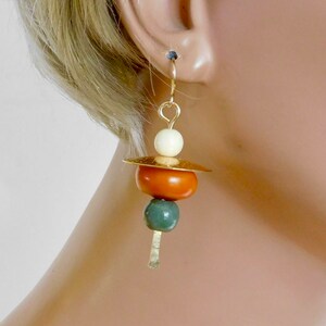 ASIAN WALKING STICKS Elegant Jade and Mixed Beads Handforged Brass Caps and Sticks Statement Earrings image 4