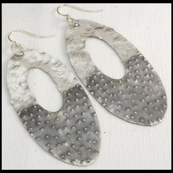 CRISTA - Handforged Dimpled Hammered Oxidized Long Oval Pewter Earrings