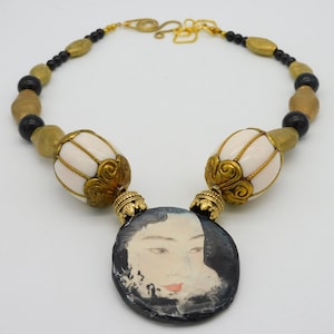 Handmade Ceramic Geisha Pendant Necklace: Hammered Brass & Jet Beads