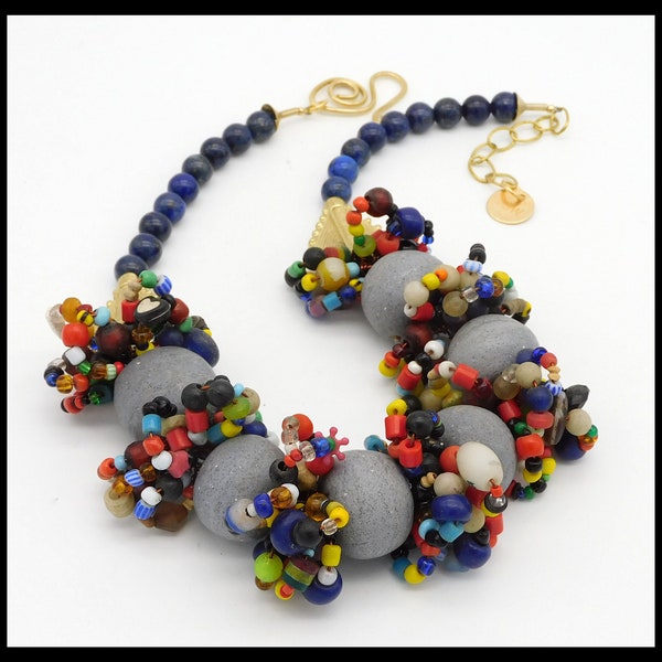 NAIROBI - Handmade African Beads and Lapis - Bold Statement Necklace