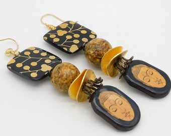 BUDDHA FACES - Handmade Ceramic Charms - Lacquered Horn - Mixed Beadcaps 1 of a Kind Long Long Earrings