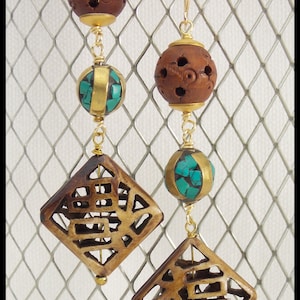 GOOD FORTUNE - Handcarved Bovine Bone - Handmade Tibetan Beads Long Earrings