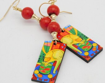 MATISSE CAT  With Red Fishes Handmade Very Colorful Mini Art for You  Ears - Red Coral - Long Earrings