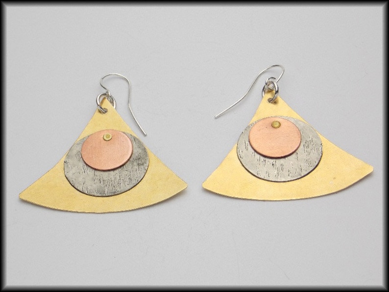 MODERN PYRAMID Handforged Bronze-Pewter-Copper & Sterling Modern Statement Earrings image 3