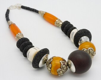 AFRICA and TIBET -  Handmade Tibetan Repousse Capped Beads - Handmade African Beads - 1 of a Kind Tribal Style Necklace