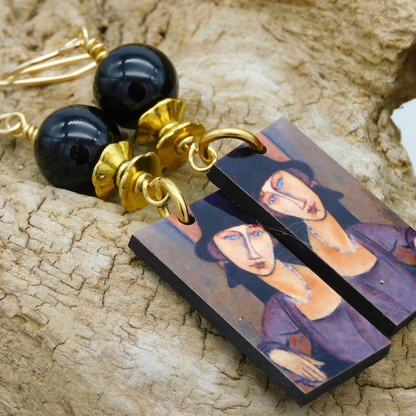 MODIGLIANI'S MUSE - Art For Your Ears - Famous Modigliani Painting of Jeanne Hebuterne - Onyx Beads - Lightweight Earrings