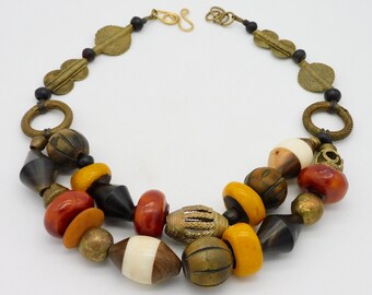 AFRICAN SUNRISE - Mixed African Handmade Beads - African Money Rings - Majestic Multiple Strand Statement Necklace