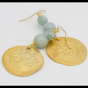 Burmese JADEITE & AFGHANI Coins - Awesomely Gorgeous Rare Jadeite - Golden Repros of Old Afghani Coins Statement Earrings