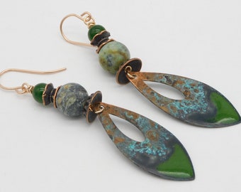 EMERALD and DUSTY BLUES - Handforged Patinated and Enameled Drops - Jade and African Turquoise 1 of a Kind Earrings