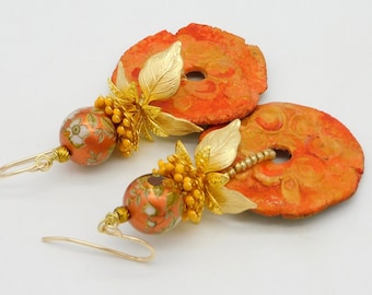 MI AMOR - Gorgeous Artisan Ceramic Charms - Fancy GP and Enameled Beadcaps - Handmade Japanese Tensha Beads 1 of a Kind Statement Earrings