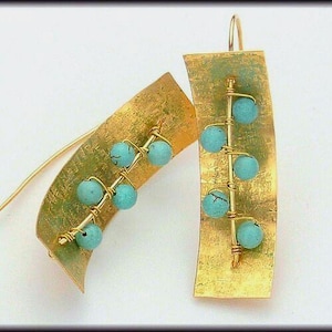 BLUE SKY - Handforged &quot;Raw Silk&quot; Textured Bronze - Turquoise Magnasite Earrings