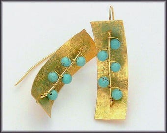 BLUE SKY - Handforged "Raw Silk" Textured Bronze - Turquoise Magnasite Earrings