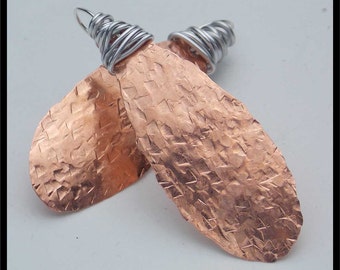 COPPER FEATHERS - Handforged Hammered Copper Wirewrapped Long Earrings