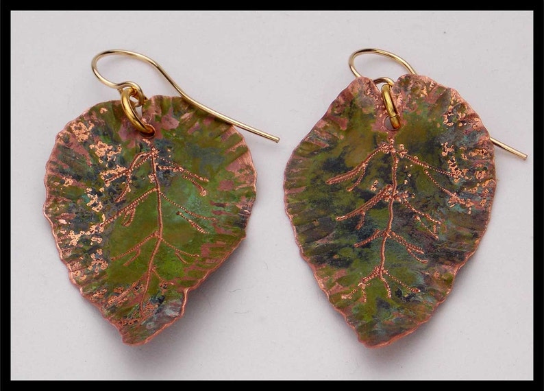 COPPER LEAVES Handforged Patinated Engraved Copper Leaf Earrings image 2