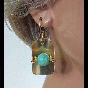 GOLDEN BASKETS Handforged Bronze and Amazonite Vertical Basket Earrings image 3
