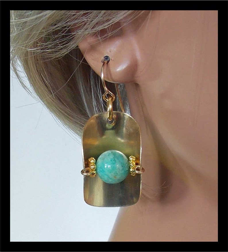 GOLDEN BASKETS Handforged Bronze and Amazonite Vertical Basket Earrings image 3