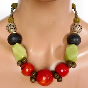 Coral Jade Statement Necklace: Handmade African Brass Horn Beads