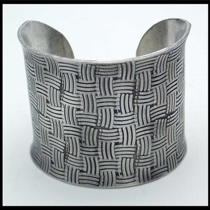 BASKETWEAVE - Handforged Embossed Oxidized Wide Pewter Cuff Bracelet