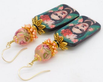 BEAUTIFUL FRIDA - Handmade Artisan Ceramic Charms - Handmade Japanese Tensha Beads & Stacks of Fancy Enameled and Plain Beadcaps Earrings