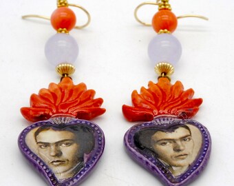 FRIDA K - Handmade Sacred Ex-Voto Heart Frida Kahlo Ceramic Drops - Jade and Coral Long Statement Earrings