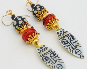 TRIBAL FACES - Artisan Handpainted Enameled Charms - Lampwork Beads - Fancy Enameled Beadcaps 1  of a Kind Dramatic Long Tribal Earrings