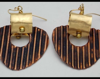 DESIREE - Handforgd Flamed Corrugated Copper and Bronze Dramatic Statement Earrings