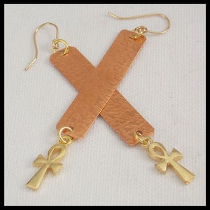EGYPTIAN ANKH - Handforged Textured Copper - Golden Egyptian Ankh Long Statement Earrings