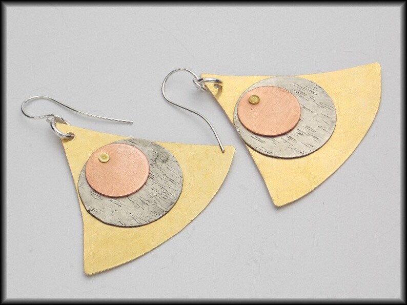 MODERN PYRAMID Handforged Bronze-Pewter-Copper & Sterling Modern Statement Earrings image 2