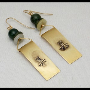 ASIAN SCROLLS - Handforged Embossed Bronze and Jade Long Linear Earrings