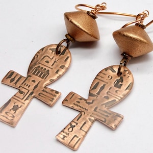 EGYPTIAN ANKHS - Handmade Embossed Egyptian Hieroglyphics Copper Ankh Earrings