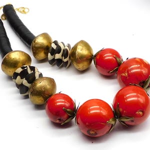 AFRICAN QUEEN - Huge Red Coral Beads - Handmade Nigerian Brass Beads - Batik Bone and Vulcanite - 1 of a Kind Dramatic Statement Necklace