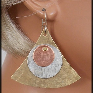 MODERN PYRAMID Handforged Bronze-Pewter-Copper & Sterling Modern Statement Earrings image 1