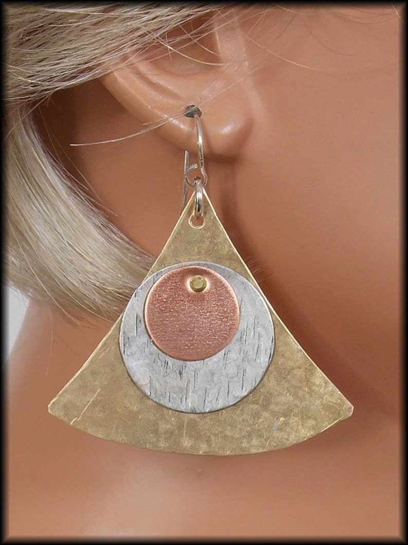 MODERN PYRAMID Handforged Bronze-Pewter-Copper & Sterling Modern Statement Earrings image 1