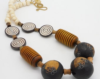 TRIBAL BEAUTY - Mix of Handcarved Horn.Bone and Mali Inlaid Ebony Wood  Beads - Bold and Dramatic Necklace