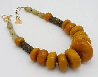 QUEENLY - Dramatic Statement Necklace - Handmade Moroccan Beads - Handmade Old African Hairbeads - Handcarved Jade