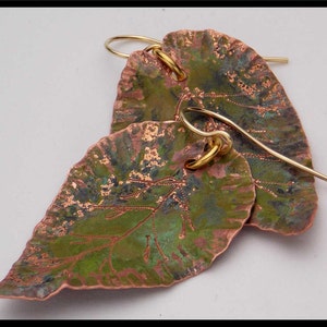 COPPER LEAVES Handforged Patinated Engraved Copper Leaf Earrings image 1