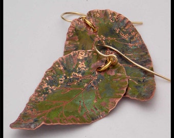 COPPER LEAVES - Handforged Patinated Engraved Copper Leaf Earrings