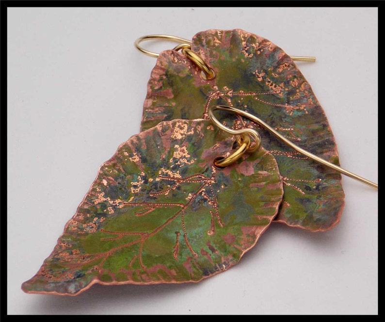 COPPER LEAVES Handforged Patinated Engraved Copper Leaf Earrings image 1