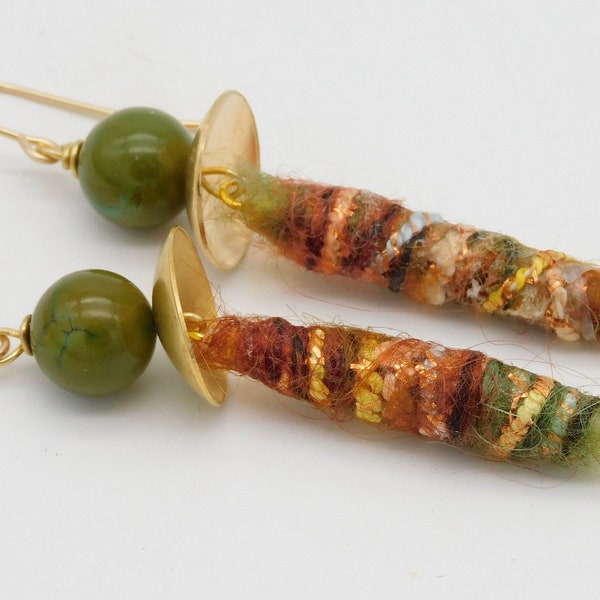 BELLISSIMO - Handmade Fiber Beads - Jade and Bronze Unique and Very Lightweight Earrings