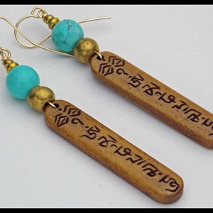 OM MANI Padme Hum - Handcarved Bone - Natural Tibetan Turquoise Long Earrings